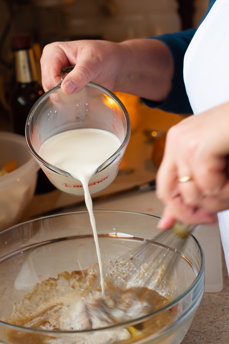Mixing bread pudding batter