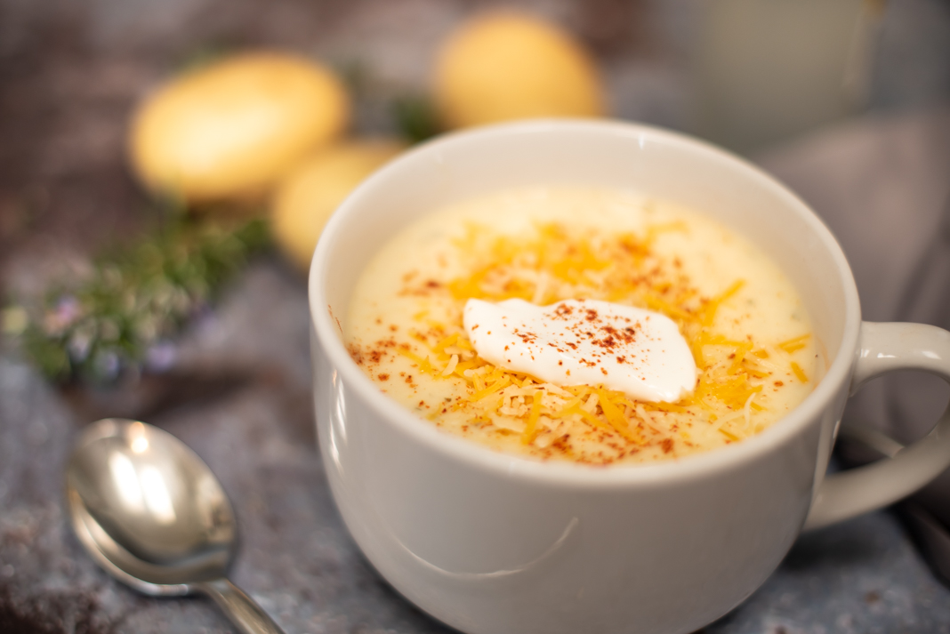 Cream of Potato Soup with cheesey garnish